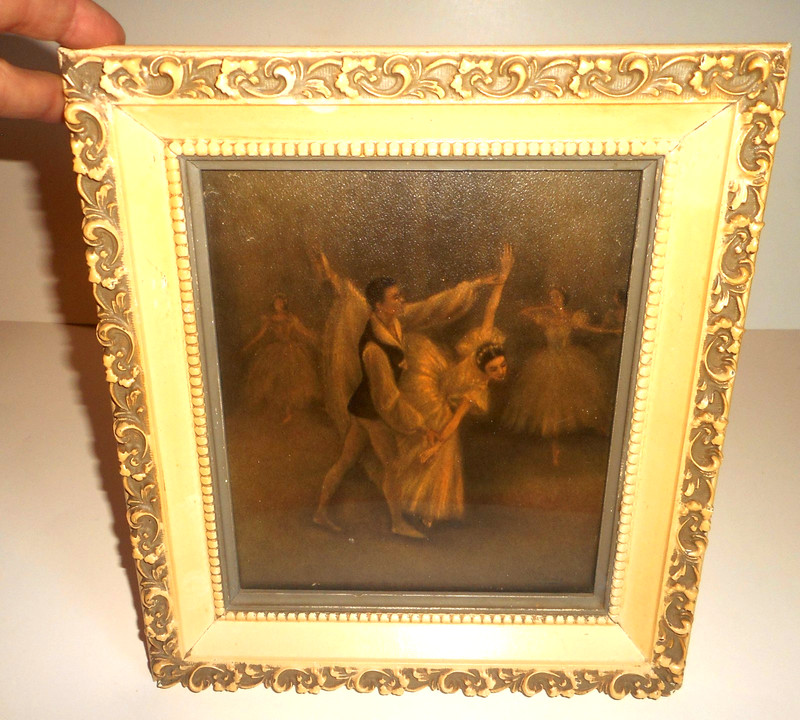 Vtg Fancy Painted Wood Frame Dancers Art Work 10×11″ Artist Unknown