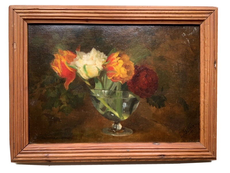 19th Century – Impressionist Oil Painting – Floral Peonies in Crystal vase
