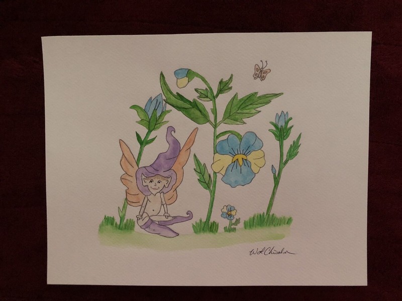 Elf Watercolor Print-Sitting With Pansies – 8 1/2″ x 11″ Print