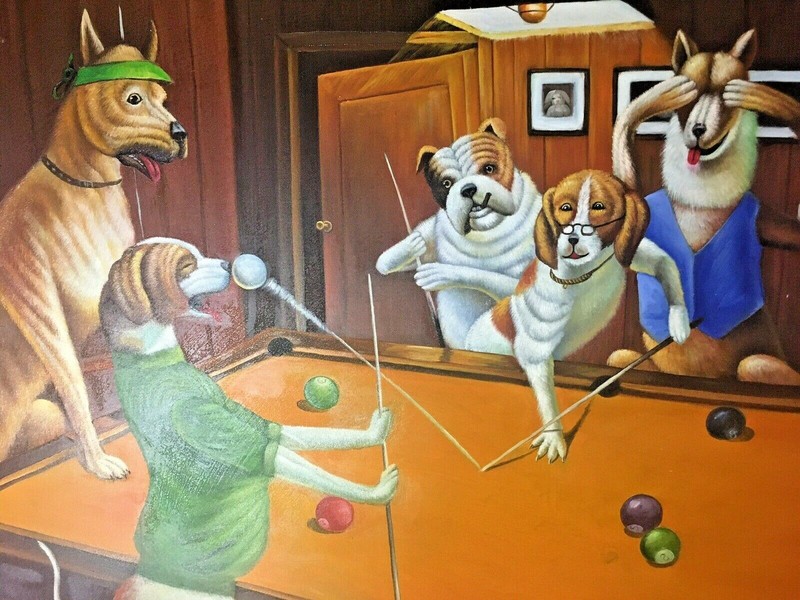 Dogs playing pool! Original oil on canvass by H Davis W/ Layered Frame gallery
