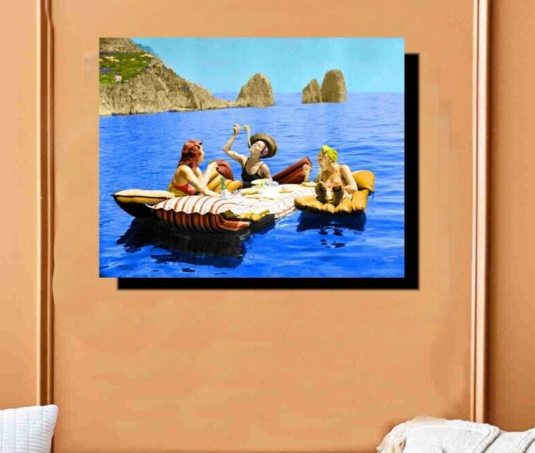 3 Women Eating Spaghetti On Raft Canvas Wrap Photograph 16 x 20 ready To Hang