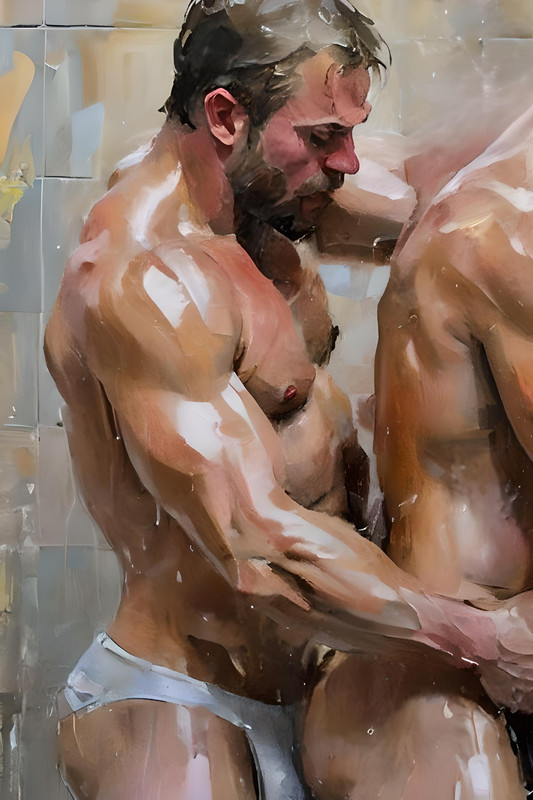 Original gay LGBTQ art giclée painting «Gym Shower Takeover» signed/numbered