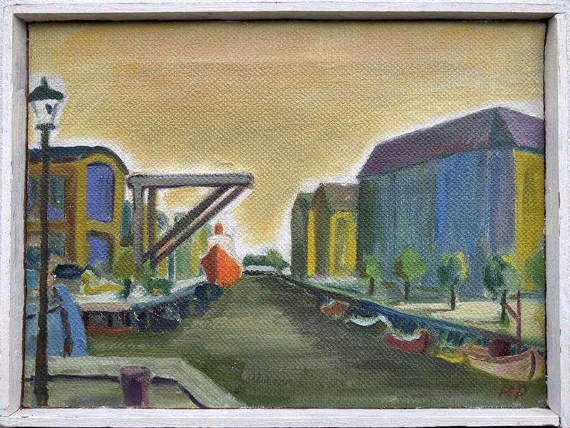 Expressionist Ships Boats IN City Canal View Industry Port Maritim Oil Painting