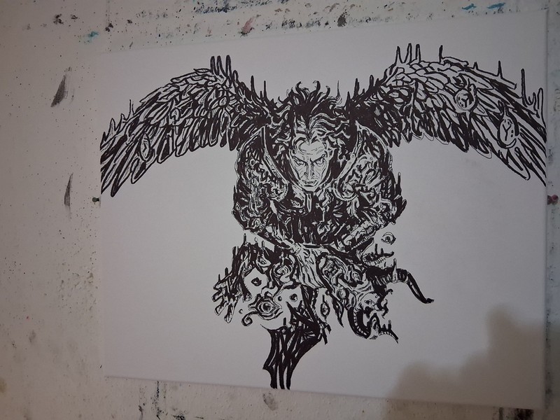Archangel Michael Original Pen and Ink Painting On Canvas