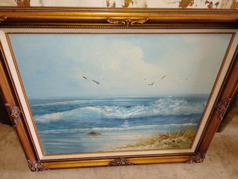1970's-80's Large Seascape Painting With Beach, Birds, In Gold Detailed Frame gallery