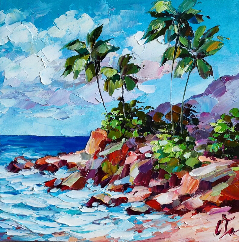 Original oil painting Laguna beach seascape artwork Ocean Palm trees art 8*8 in