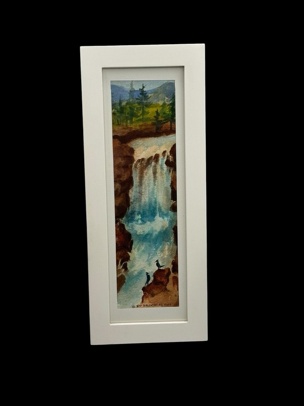 Original Watercolor Painting Framed Signed Ed Brookins Waterfall Slim 13″ x 5.5″