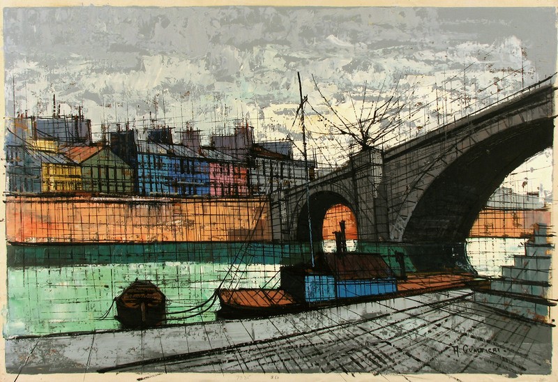 A. GUALTIERI Signed Vtg Lt. 1950’s-ea.60’s Oil Painting CITYSCAPE BOATS & BRIDGE