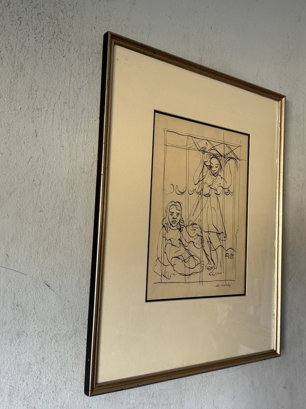 FRANCIS DE ERDELY ANTIQUE MODERN ABSTRACT WOMAN INK DRAWING PAINTING OLD ART 50s gallery