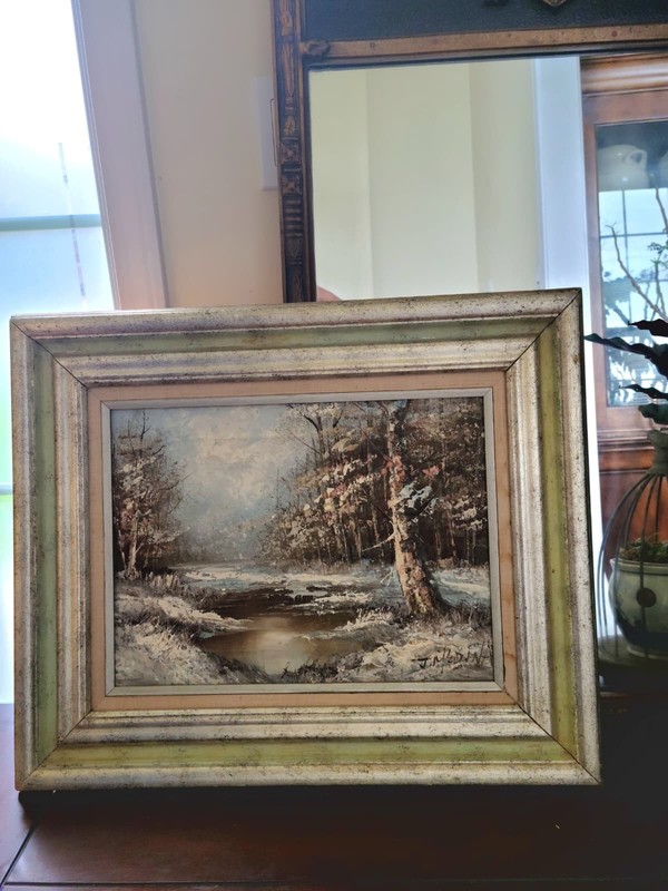 Antique Original Oil on Canvas Framed 24 x 20″ Winter Scene Signed River Sunset