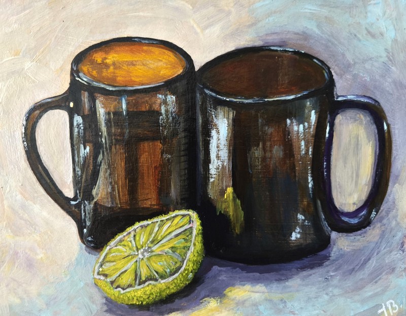 Original Oil Painting Two Mugs and Lemons Slice Still Life on Cardboard 10x8in