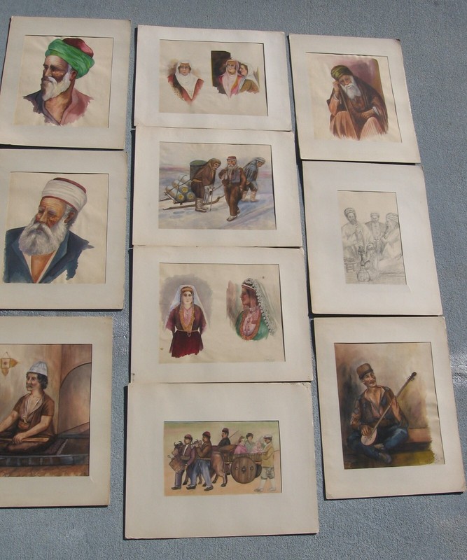 Group of 10 Paintings/Drawing- Sherpas, Muslims in Prayer, Women, by Vartan