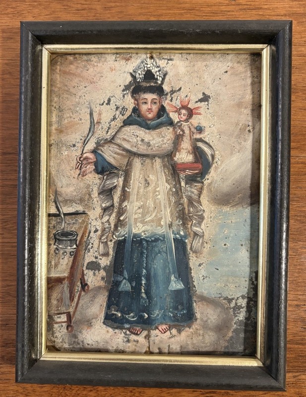 19th Century Retablo Religious Mexican Oil Tin Painting Saint Anthony of Padua