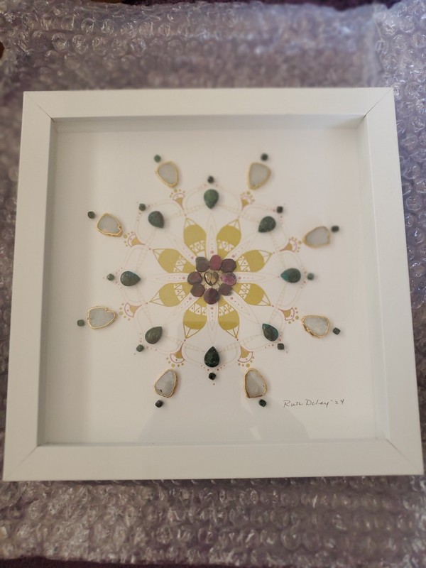 Mandala Art. Pyrite, Ruby Zoisite, Emerald, Moon Stone, Chrysocolla