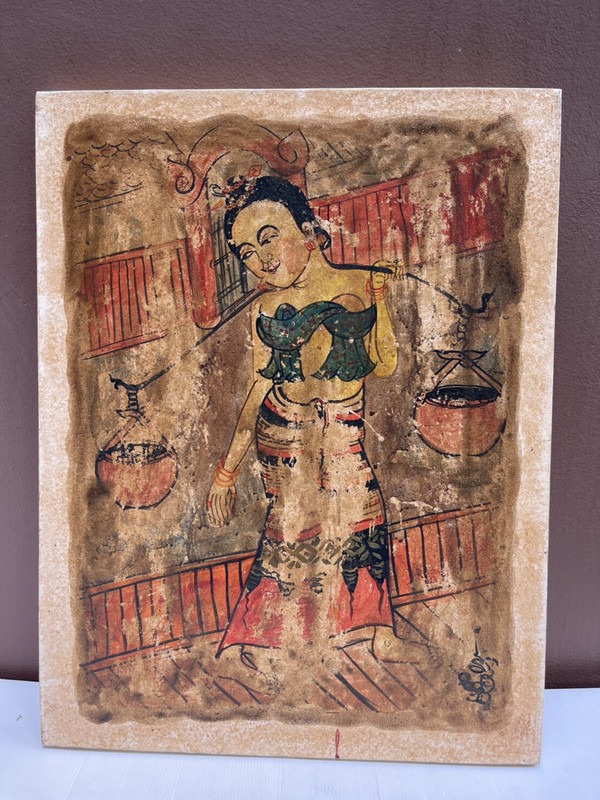 Thai Ancient Acrylic Hand Painting on Canvas Art Decor Lady Lanna Size 50X65 cm