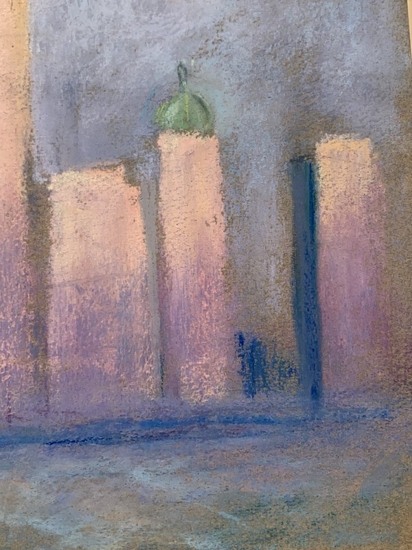 Original Vintage Unsigned Pastel Cityscape on Paper Mid Century Modern Style gallery