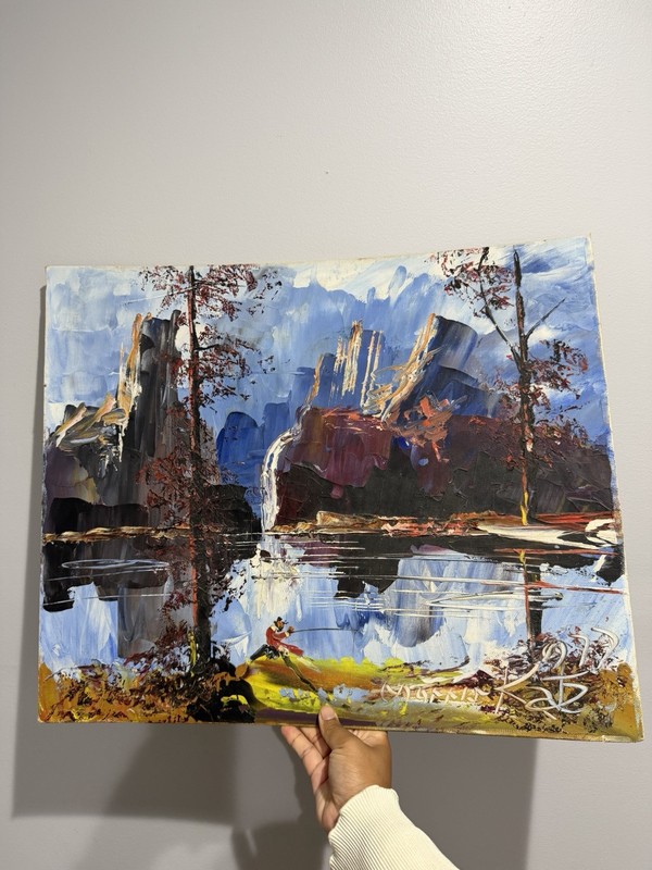 Vintage Unframed Morris Katz 1977 Original Oil Painting Signed Landscape Fishing