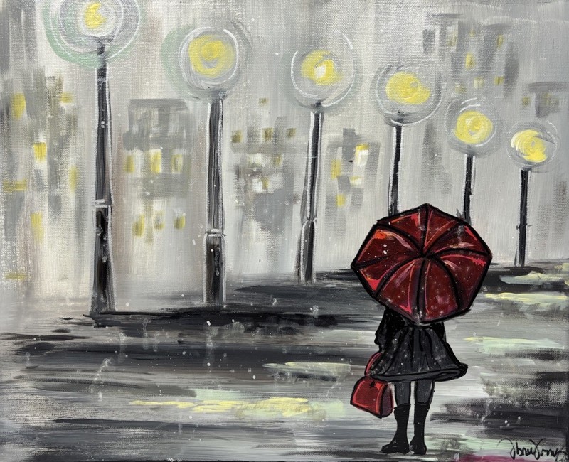 Original Rainy Night City Street Scene Oil Painting Signed Lady w/ Red Umbrella