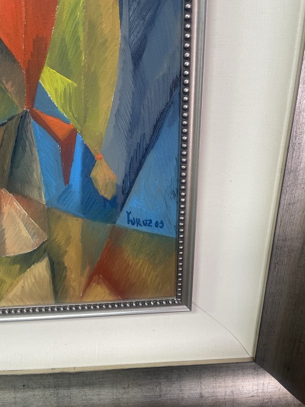 Yuroz “Woman In Red Scarf II” Original Oil on Panel Cubist Painting Framed 2003 gallery