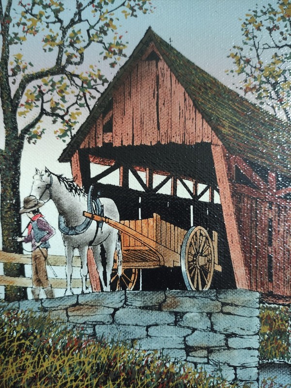 Vintage H. Hargrove serigraph oil painting Covered bridge amish horses, Signed gallery