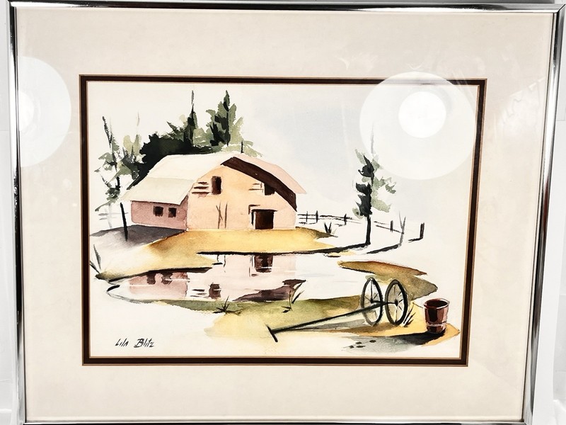 Lila Blitz Watercolor Painting Barn Rustic Framed VTG Farm Landscape Rural