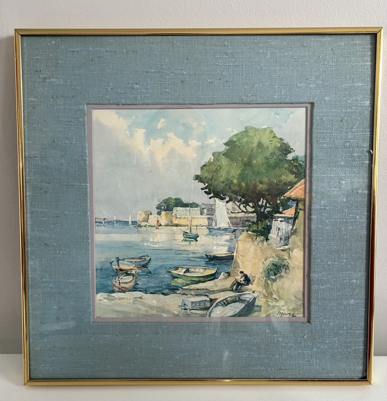 Framed Watercolor Costal Harbour Scene Signed Marc