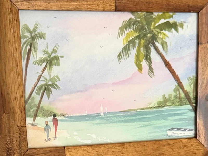 Original Signed Framed Watercolor Painting Beach Mother & Child Boat 10x8 OOAK gallery