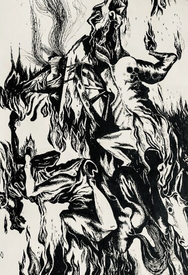 1980 VTG ORIGINAL Ink Pen Drawing Graphic Extra Large SURREAL Horror wall art VG