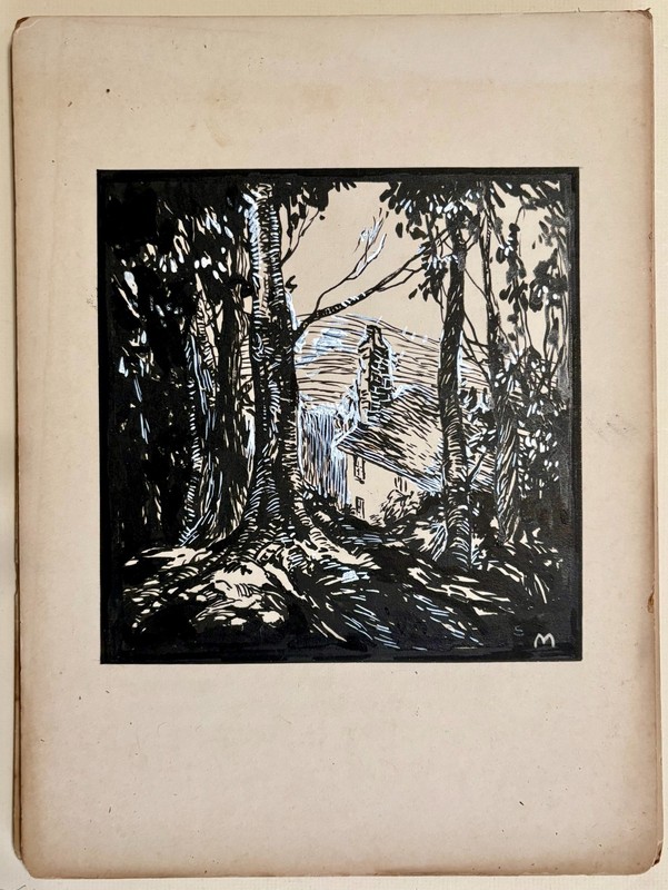 Vintage Gouache & Ink Painting Unsigned In The Style Of Birger Sandzén Landscape