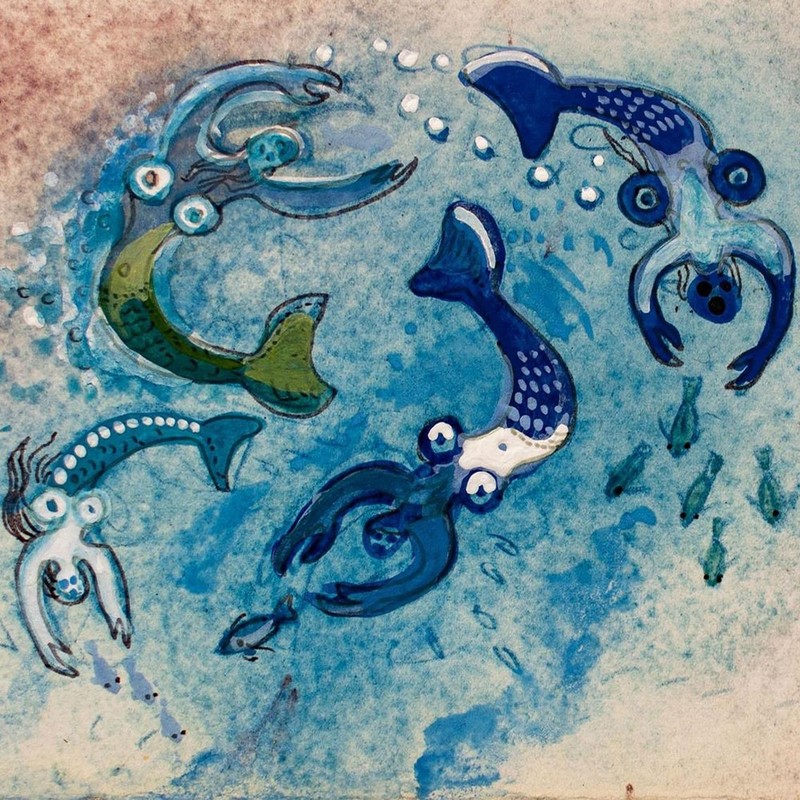 Gisbert Pupp Mermaids Signed Tempera on Handmade Paper 1982