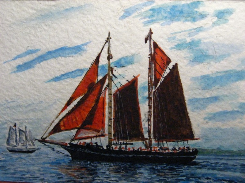Painting Ocean Sailboat Big Red Sail Yacht Nature ACEO Art