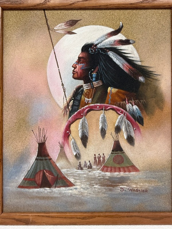 Vintage Native American Portrait Signed J. Wagner Sand Textured Canvas Painting gallery