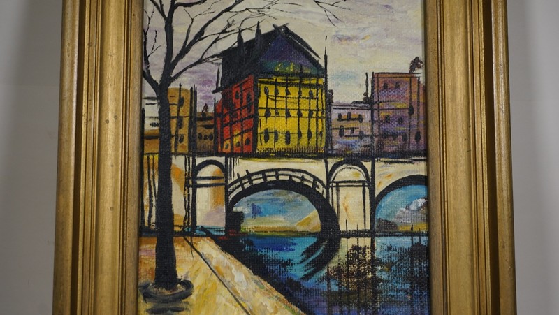 MCM Oil painting of a european Townscape - Mid Century signed by E. Ackerman gallery