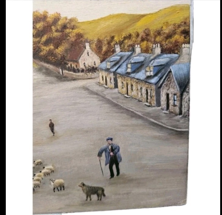 Vintage Oil Painting On Board Of A Scottish Sheep Farm, Robert Stalker, Artist gallery