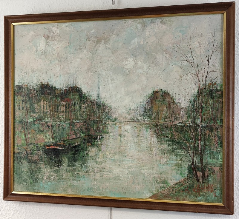 LUC COSSIER (B.1946) - VINTAGE IMPRESSIONIST OIL PAINTING - PARISIAN CANAL SCENE gallery