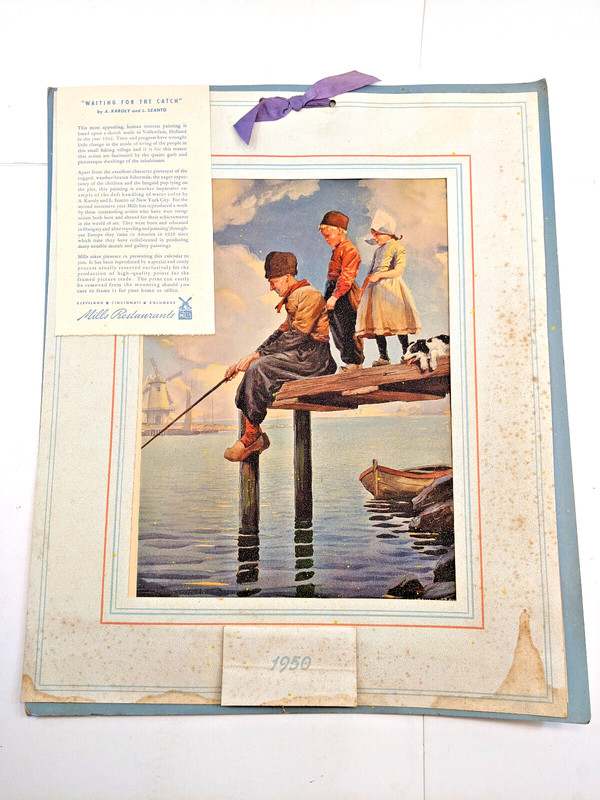 «Waiting for the Catch» Repro Watercolor Painting 1950 Calendar KAROLY SZANTO