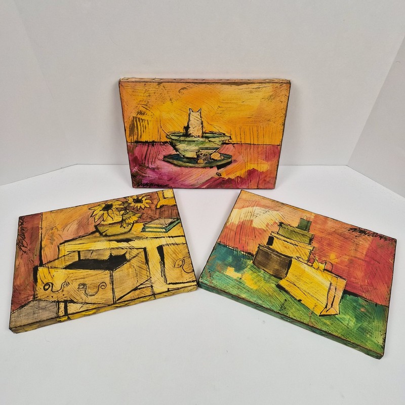 Original Kathy Womack Cat Paintings Set of 3 Signed Acrylic Folk Art 12×9″