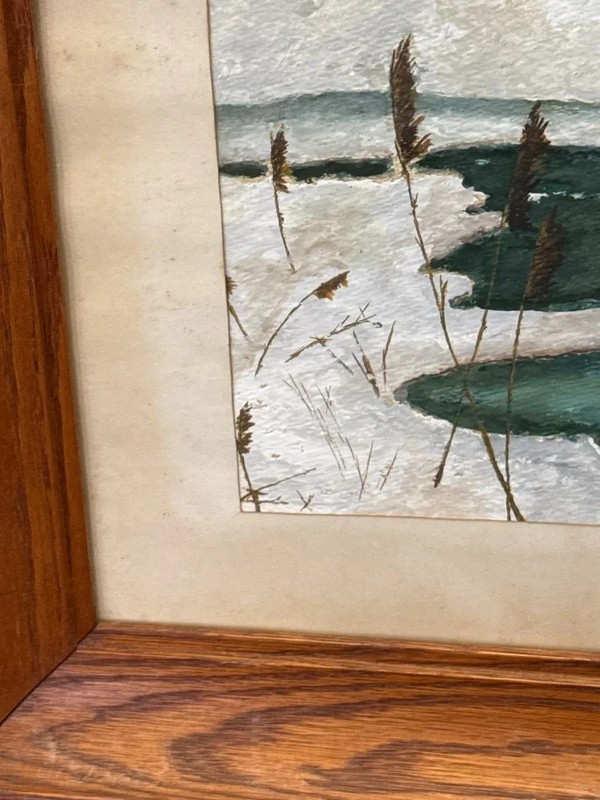 VTG Original Unsigned Mallard Duck Winter Marsh Watercolor/Oak Frame H19" W22" gallery