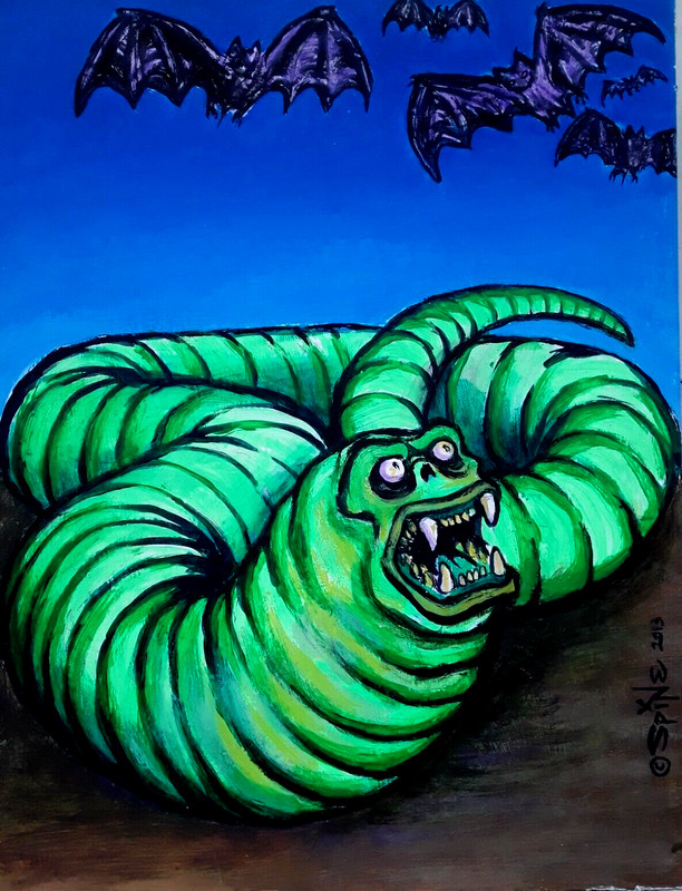 Original Art by Rick «Spine» Mountfort : Monster Worm Attacked by Bats