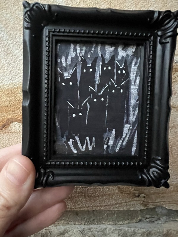 Print Of My Art Creepy Black Cat,Halloween ,miniature Painting,small, framed