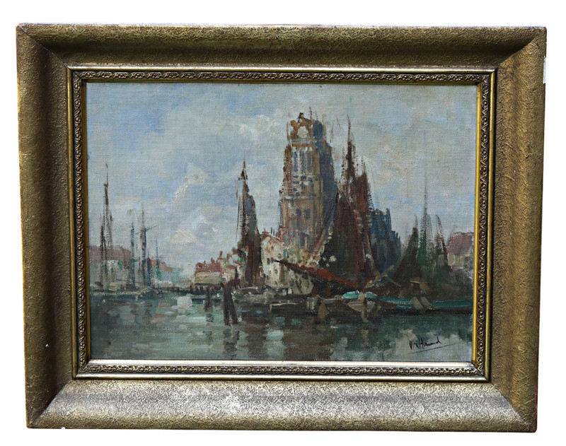 Otto Hamel Dordrecht Harbor With Sailing Ships Oil On Canvas Signed Framed