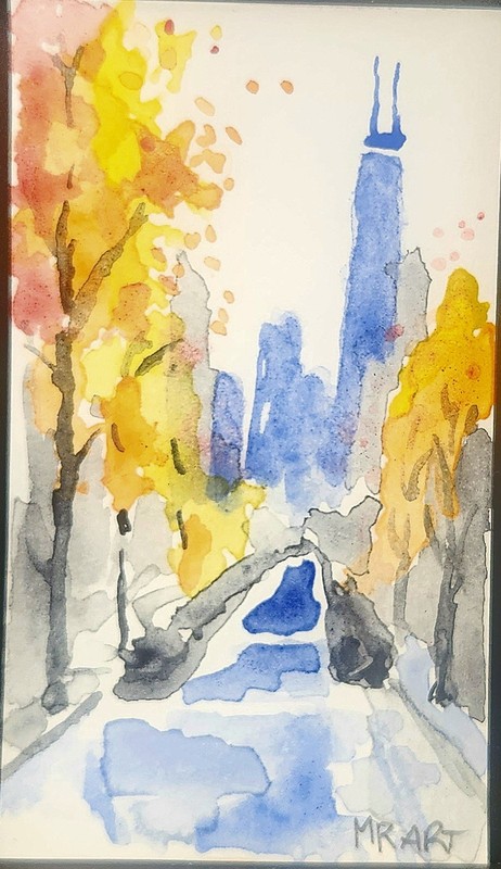 Watercolor Painting On Paper 3.5x2in Original Art Autumn In Chicago 1