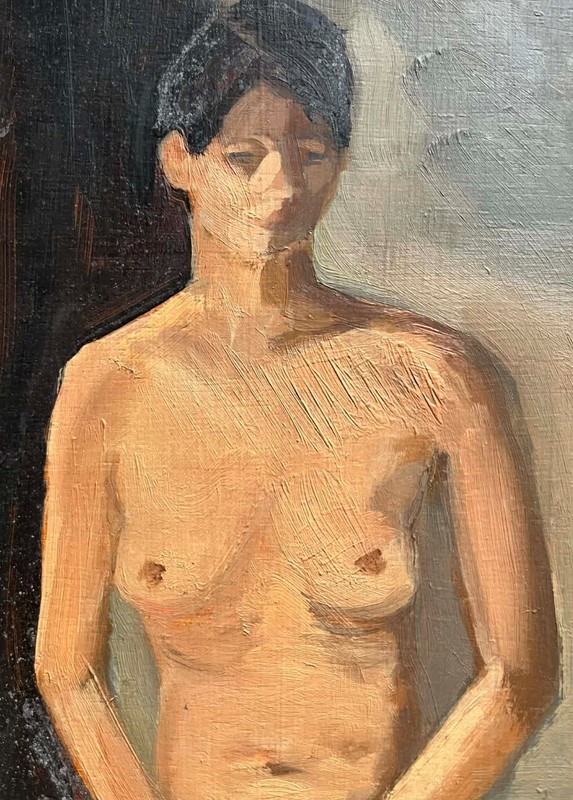 ARTIST UNKNOWN AUSTRALIAN UNSIGNED OIL "SEATED FEMALE STUDIO MODEL NUDE" 1990 gallery