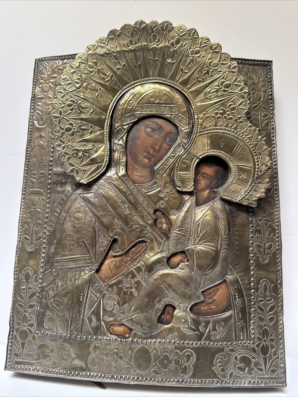 ANTIQUE RUSSIAN ICON PAINTING METAL SCULPTURE MADONNA RELIGIOUS 19TH CENTURY gallery