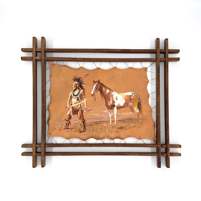 Native American Portrait Framed Leather Surface Fine Art Oil Painting Wall Decor
