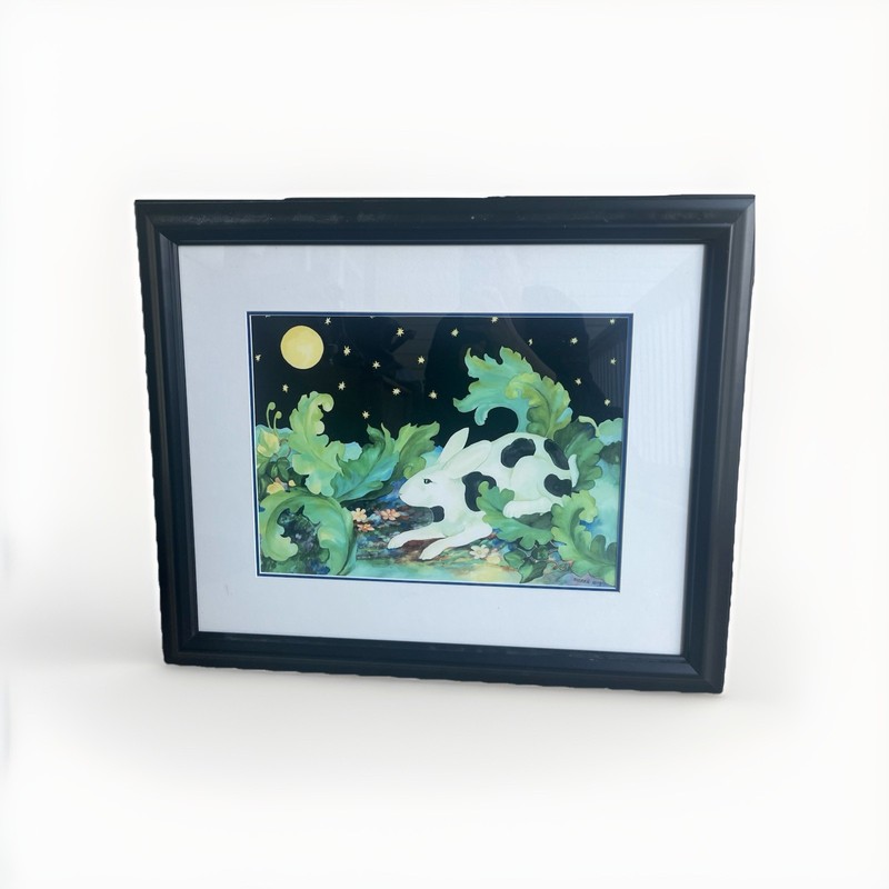 Framed Art Watercolor Moon Bunny Rabbit Original Painting Matted Nature Light