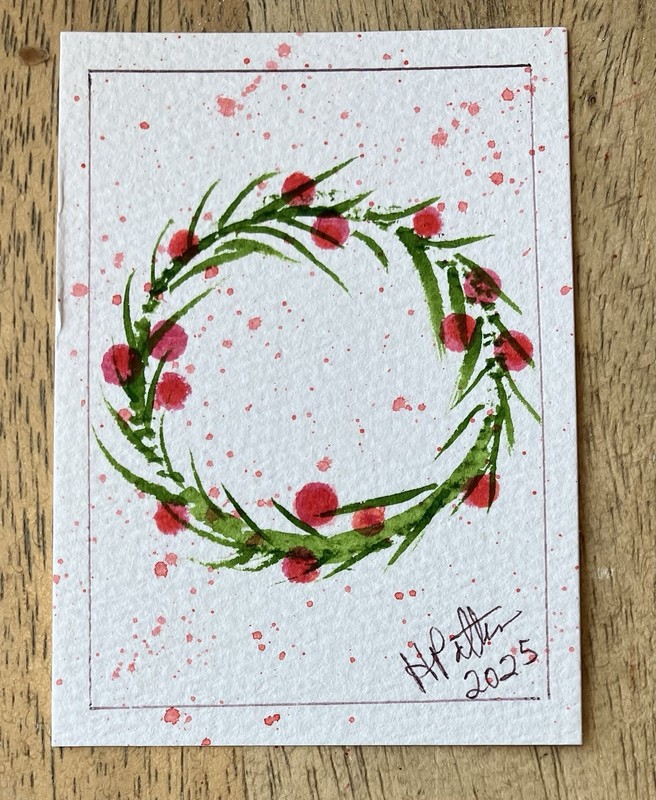Winter Watercolor Wreath! Original Signed ACEO Watercolor and Pen/Ink 3.5×2.5”