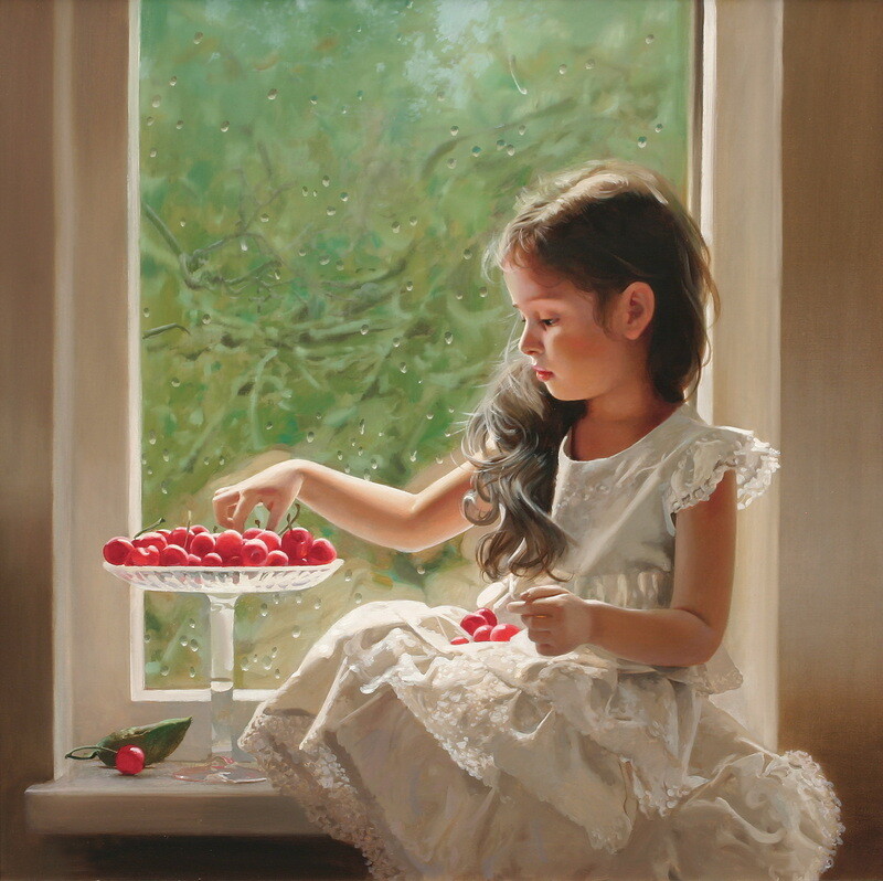 Cute little girl at the window Oil painting Art Giclee Printed on canvas P291