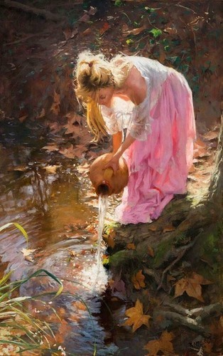 MQ647 Stretched Canvas Frame / Unframed Handmade Girl Pouring Water Oil Painting