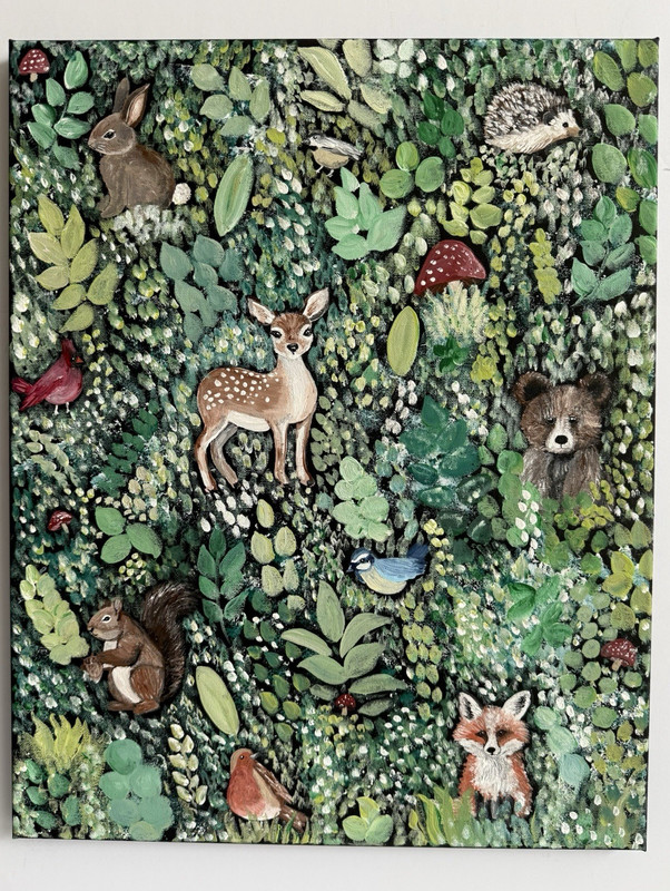 Woodland Friends- Original Painting – Deer, Bear, Fox, Rabbit, Birds – Nursery